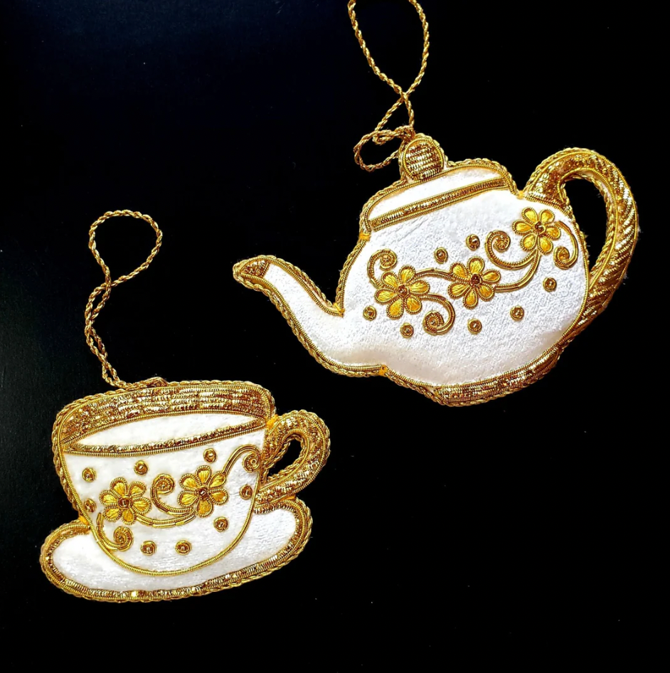 Hand Embroidered Ornament | Teacup | White &amp; Gold Velvet | Mariam Zardozi