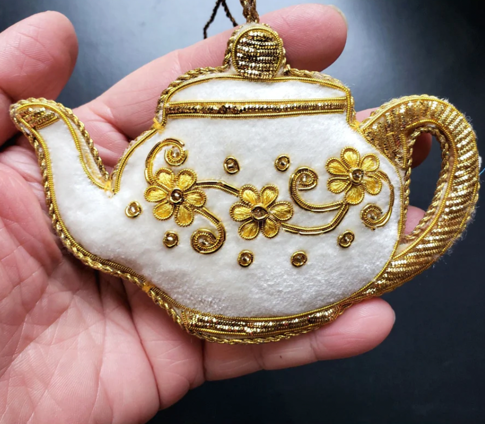 Hand Embroidered Ornament | Teapot | White &amp; Gold Velvet | Mariam Zardozi