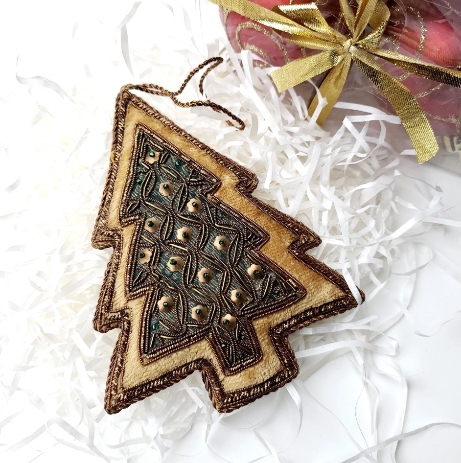 Hand Embroidered Ornament | Tree | Gold &amp; Green Velvet | Mariam Zardozi