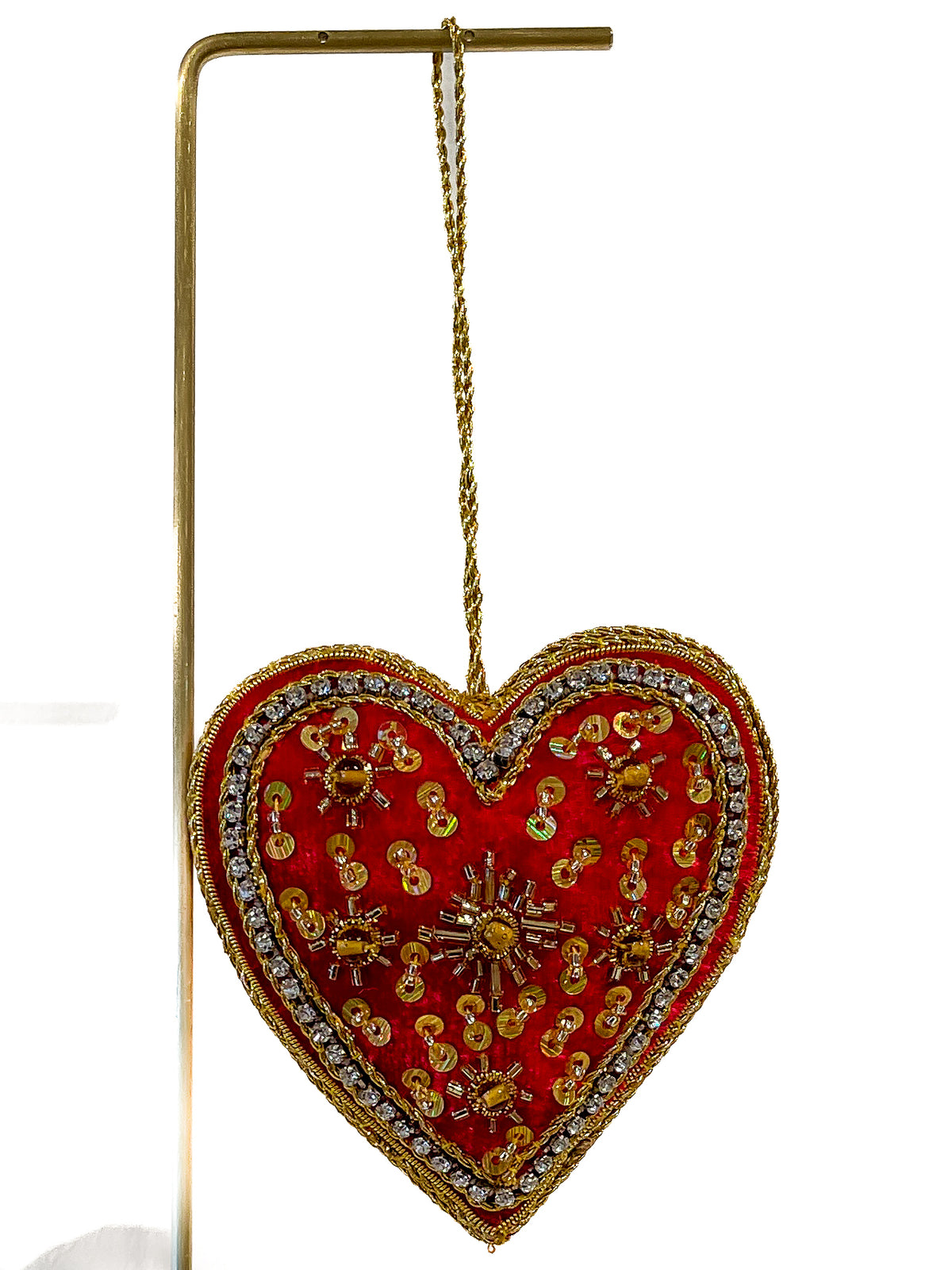 Hand Embroidered Ornament | Velvet Heart | Red &amp; Gold | Mariam Zardozi