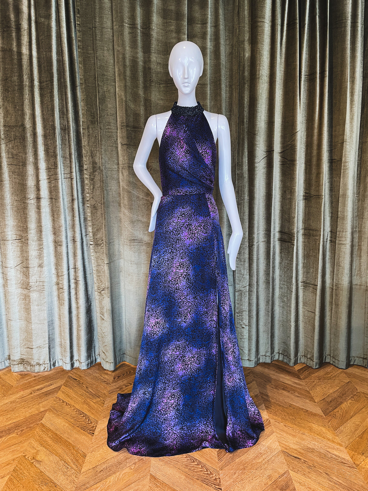 Ligustrum Gown | Purple Cheetah Satin Faced Chiffon