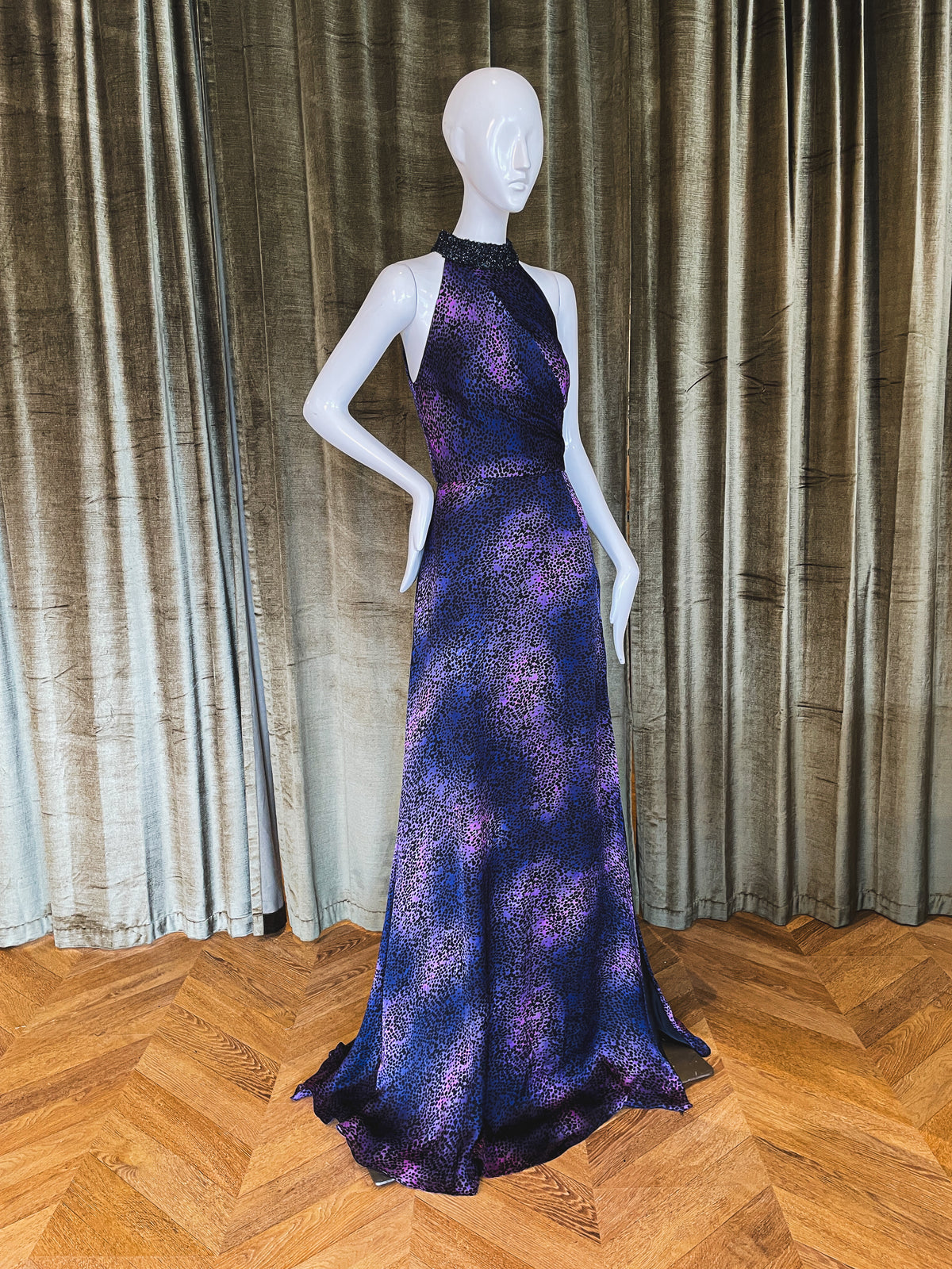 Ligustrum Gown | Purple Cheetah Satin Faced Chiffon