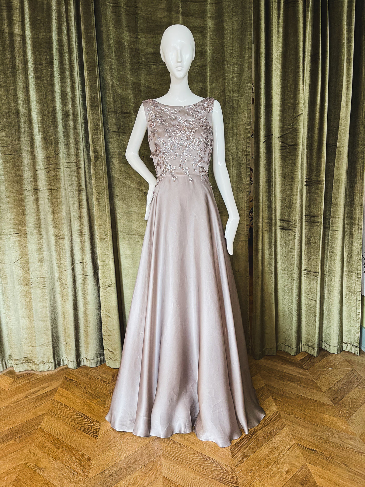 Thoreau Gown | Beaded Taupe Satin Faced Organza