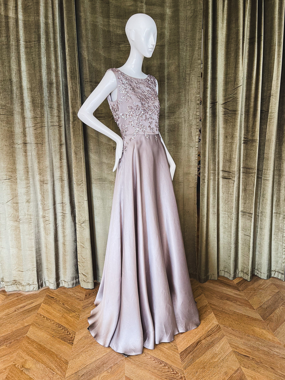 Thoreau Gown | Beaded Taupe Satin Faced Organza