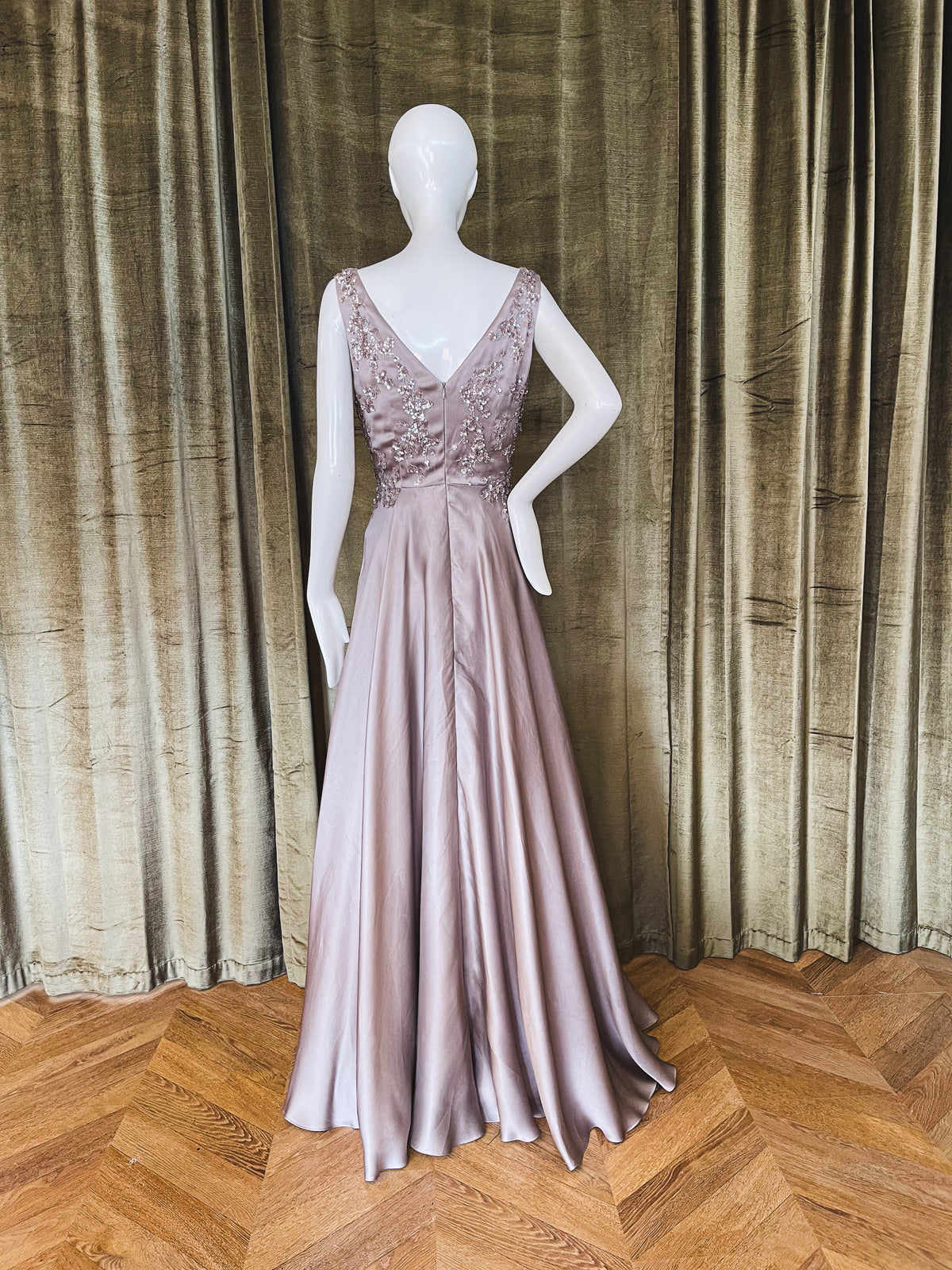 Thoreau Gown | Beaded Taupe Satin Faced Organza