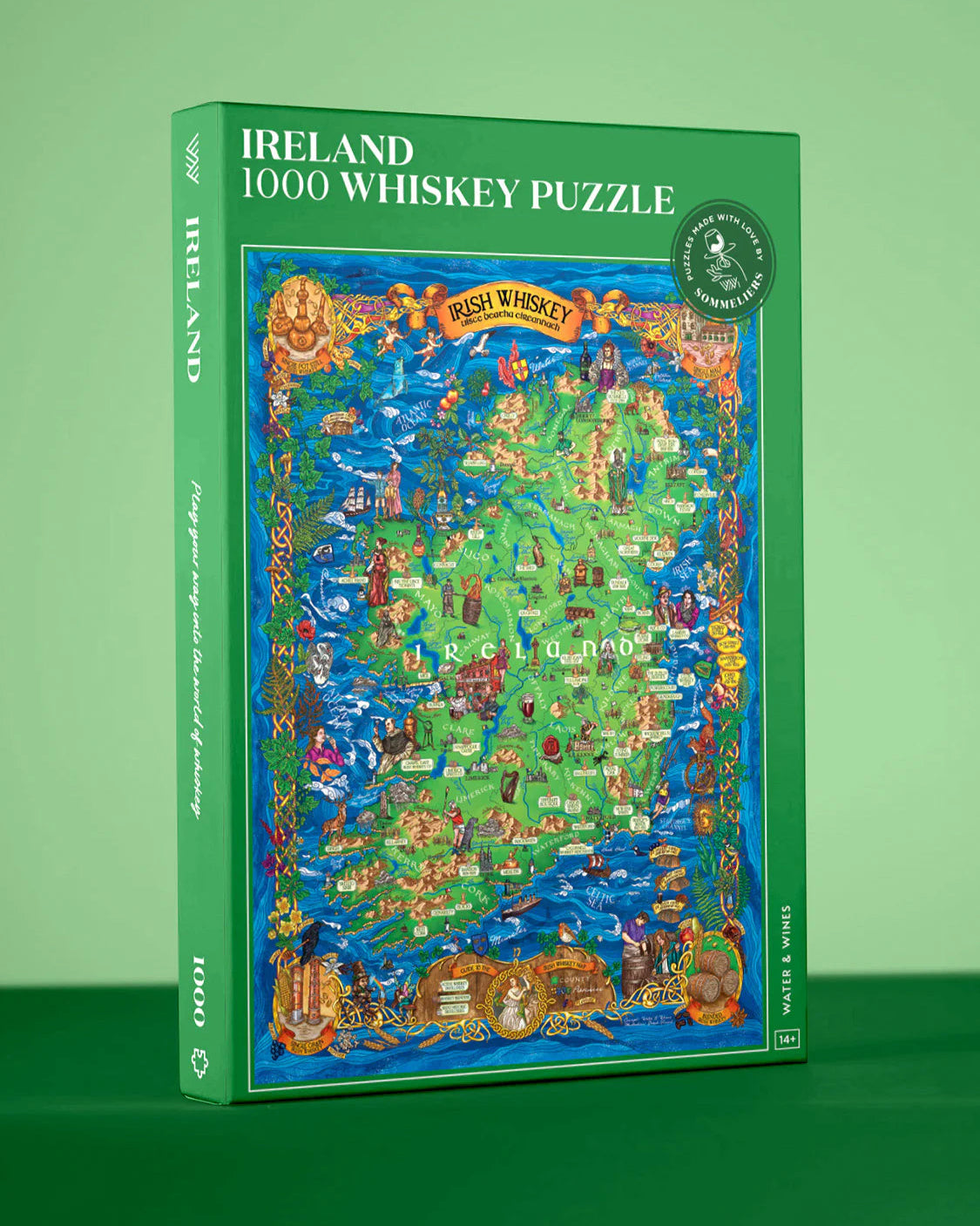 Jigsaw puzzle box featuring an illustration of Ireland on a green background