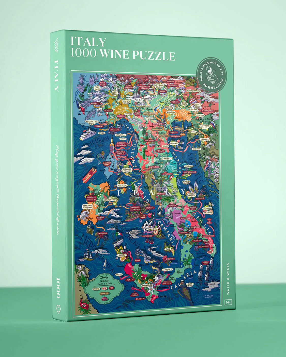 Jigsaw puzzle box featuring a colorful map of Italy on a green background