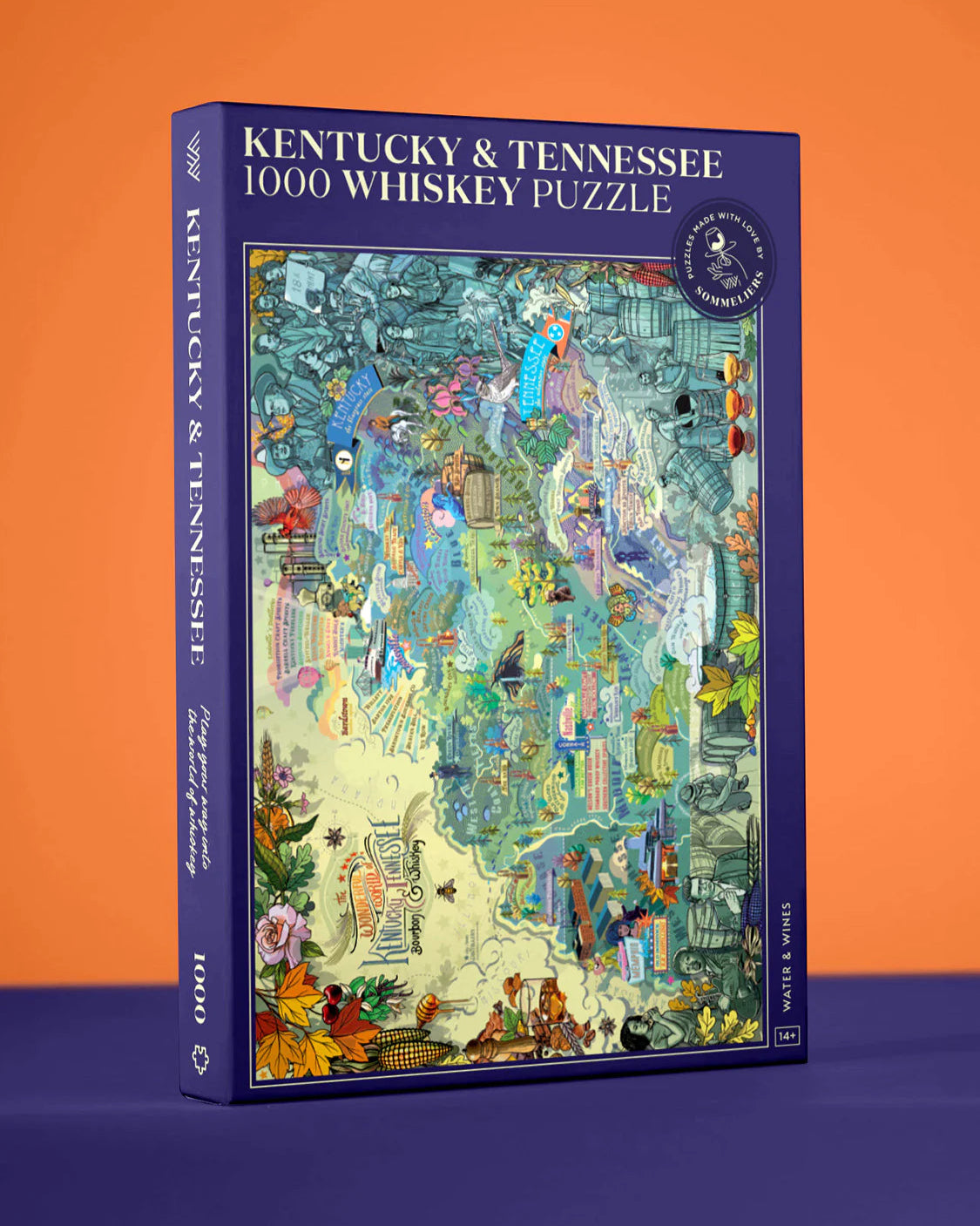 Jigsaw puzzle box featuring a map of Kentucky and Tennessee on an orange and blue background