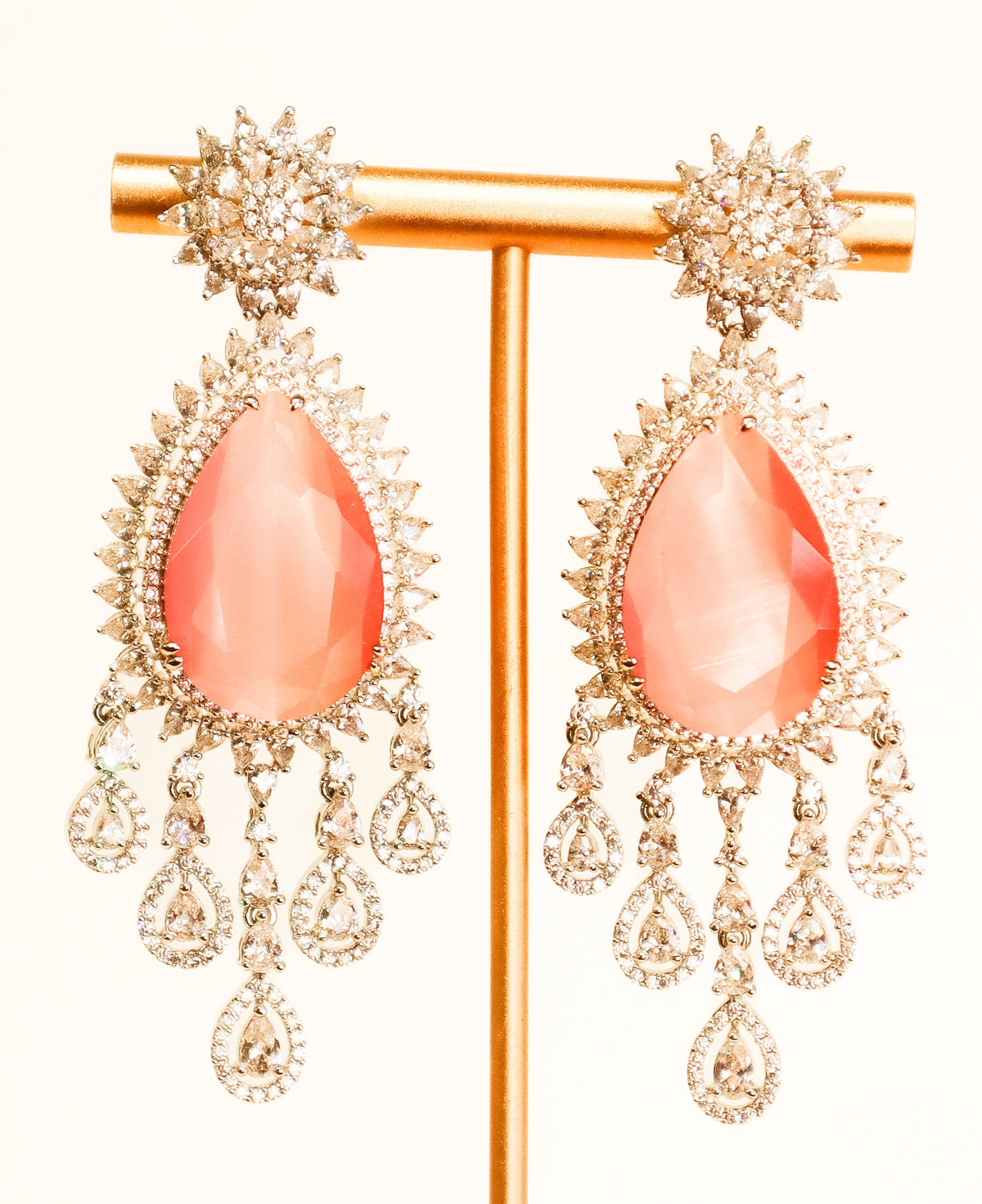 Chandelier Earrings | Pear Cut in Halo with Tear Drop Cascade | Rose Quartz