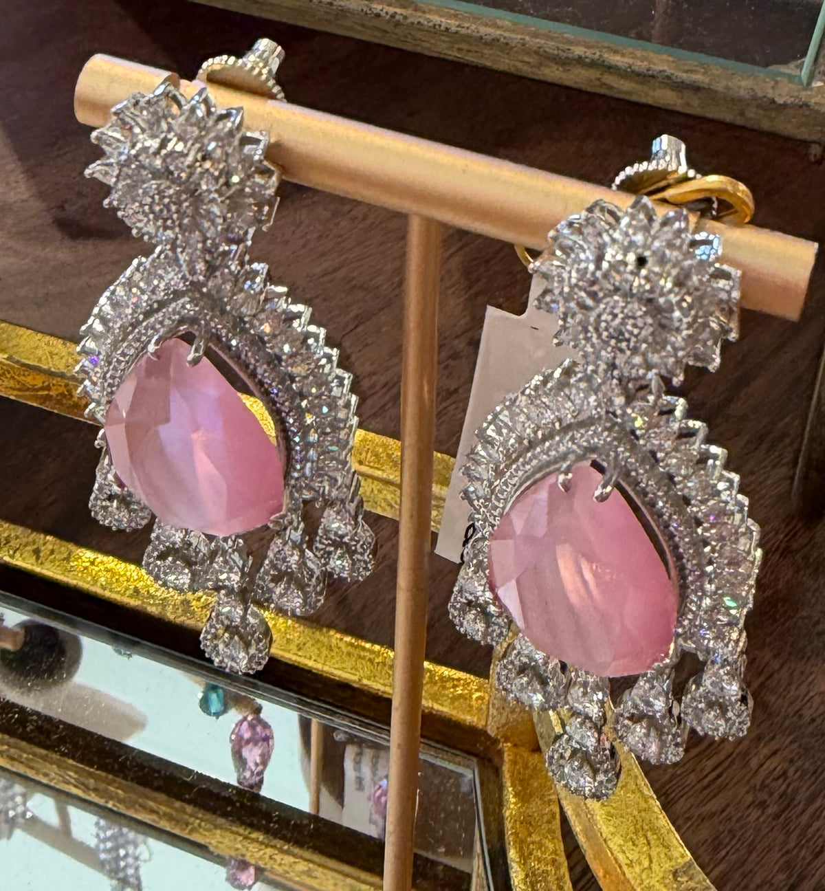 Chandelier Earrings | Pear Cut in Halo with Tear Drop Cascade | Rose Quartz