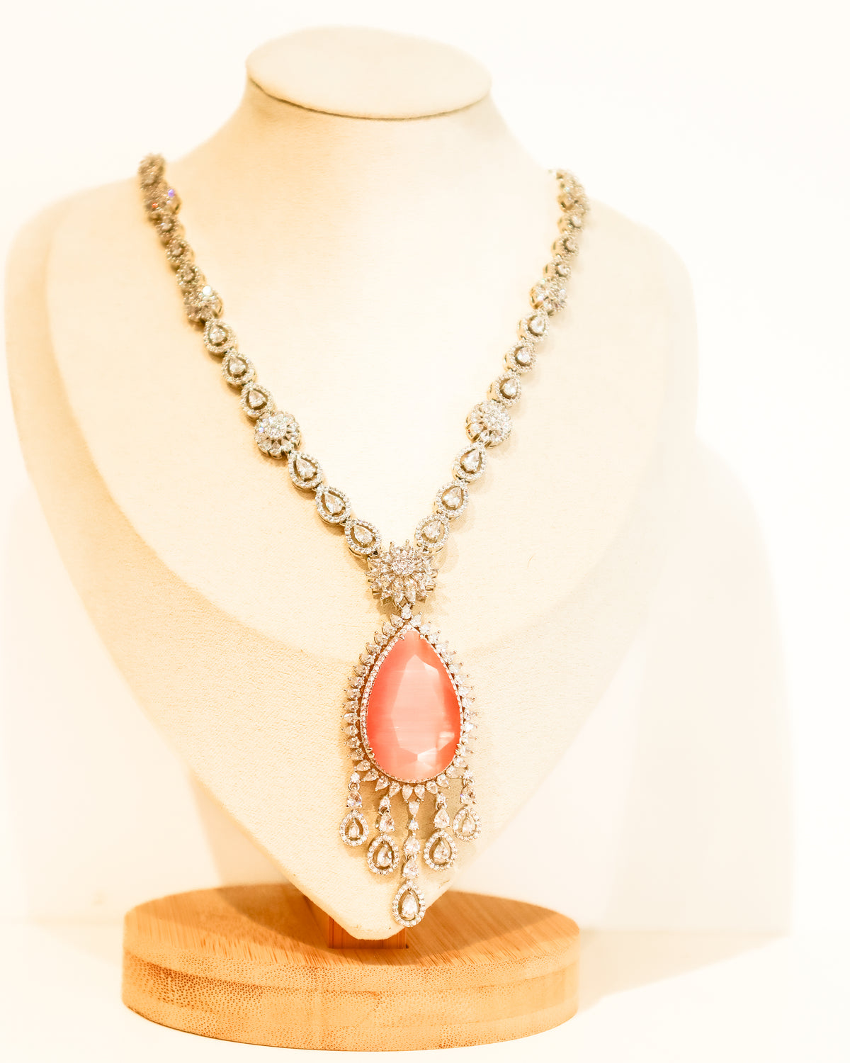 Necklace | Crystal Pear Cut Chandelier | Rose Quartz