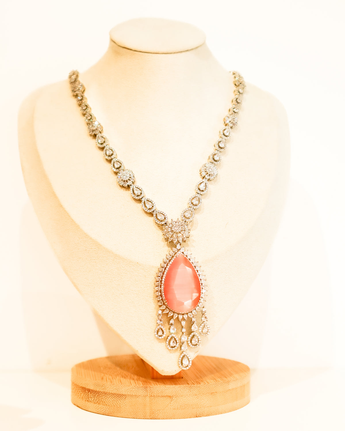 Necklace | Crystal Pear Cut Chandelier | Rose Quartz