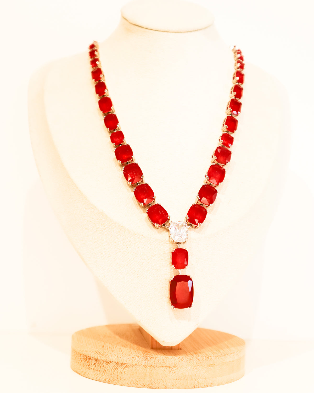 Necklace | Emerald Cushion Cut Drop | Ruby &amp; Crystal