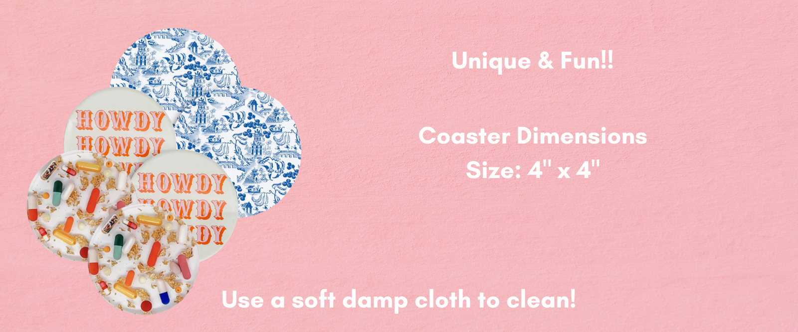 Unique and Fun! Coaster dimension sizes and coasters shown on left