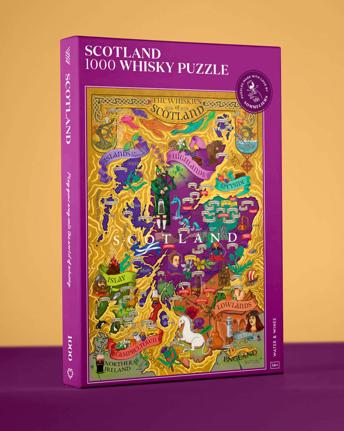 Scotland whisky puzzle box with colorful design on a purple background