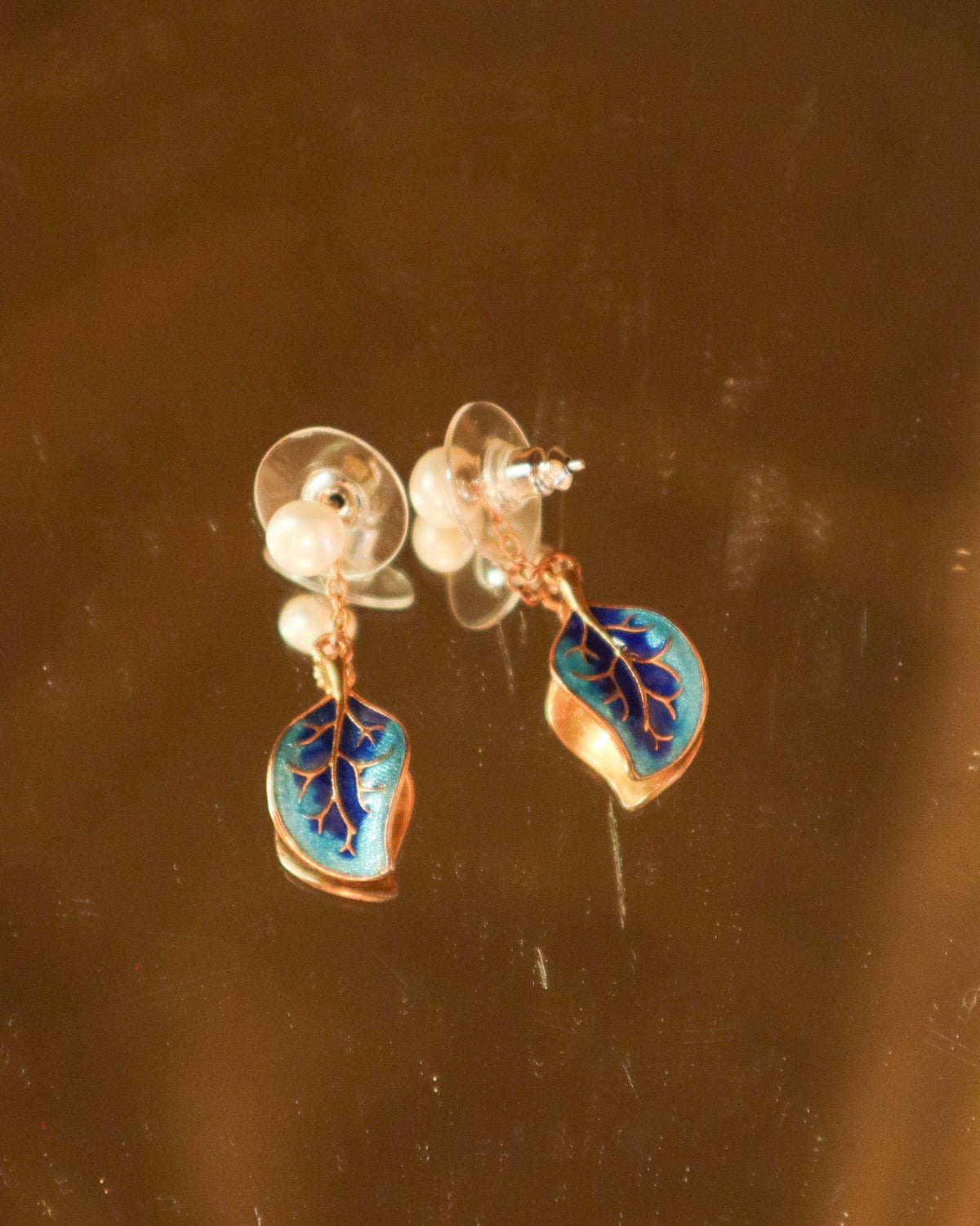 Blue Leaf Earrings with Pearls | Vintage