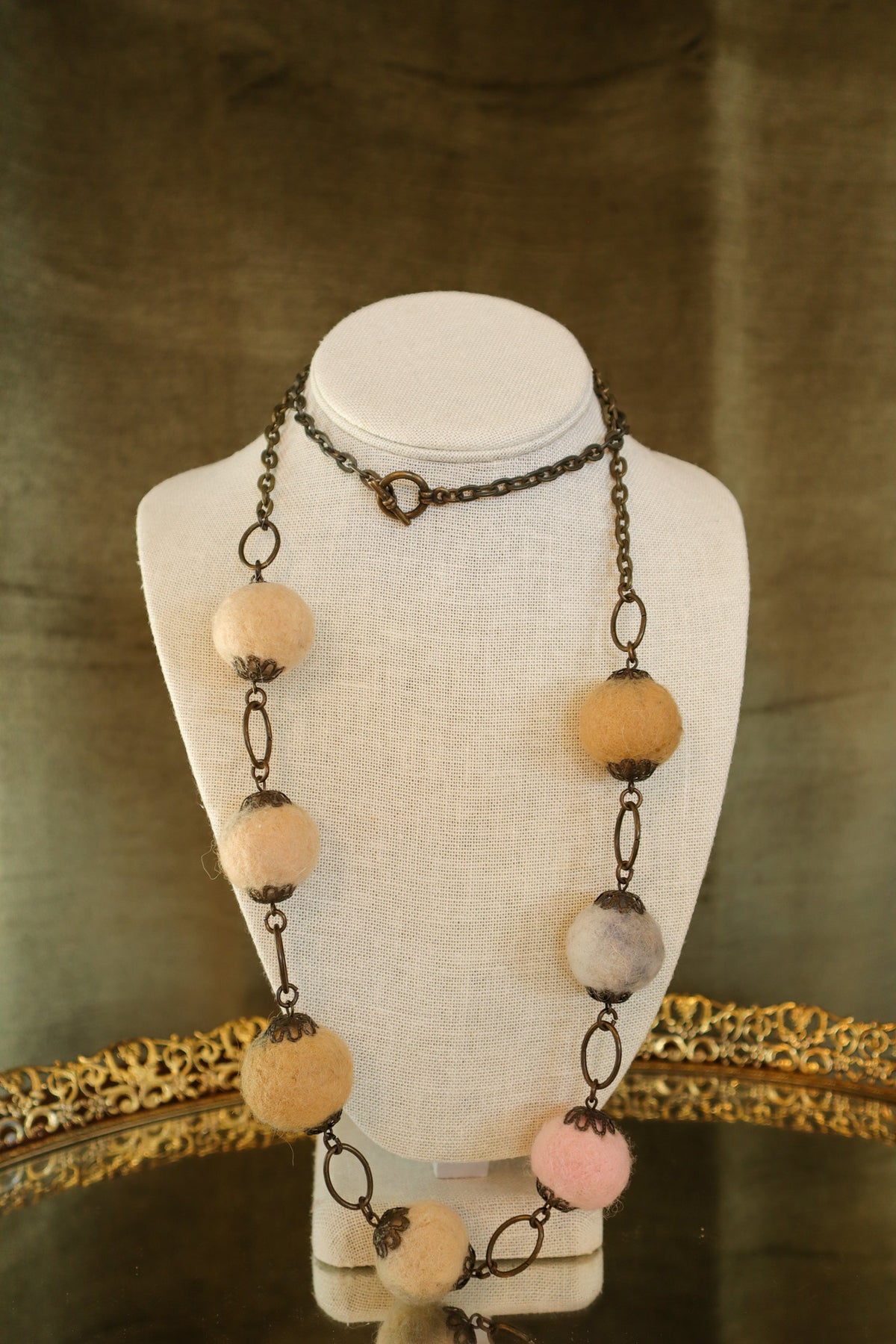 Brass Necklace with Felt Balls | Vintage