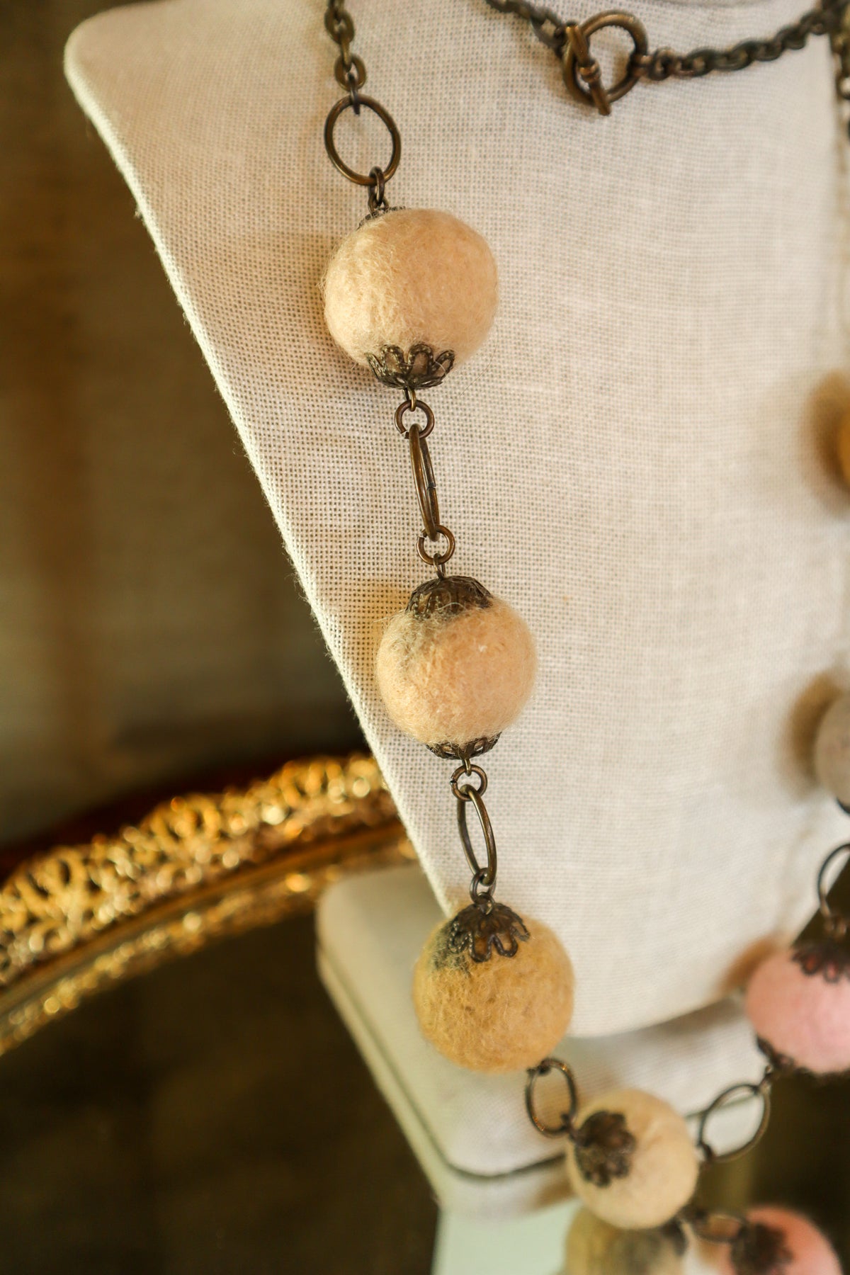 Brass Necklace with Felt Balls | Vintage