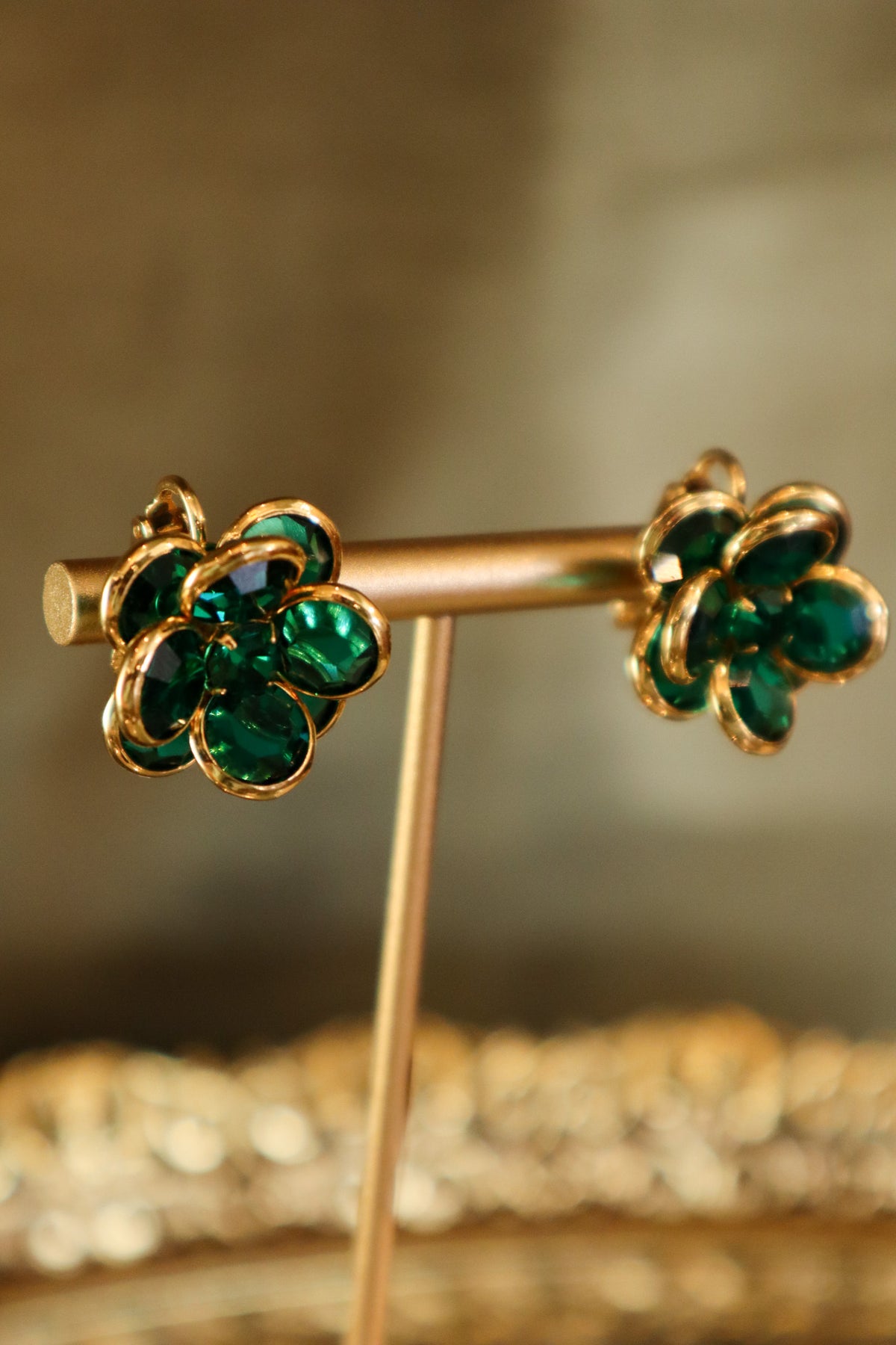 Emerald Flower Crystal Clip-on Earrings | Vintage