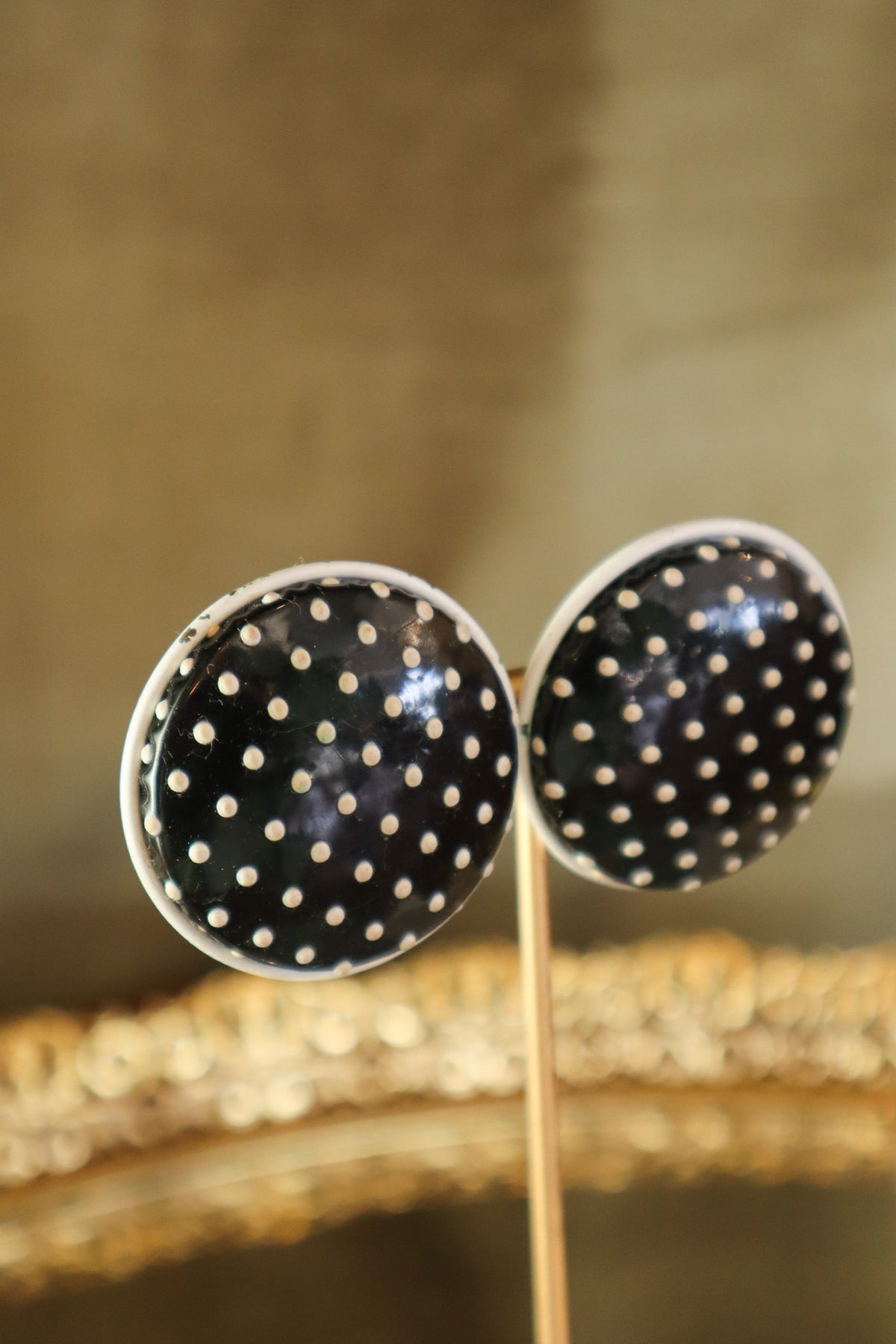 Retro Round Black and White Polka Dot Clip-on Earrings | Vintage