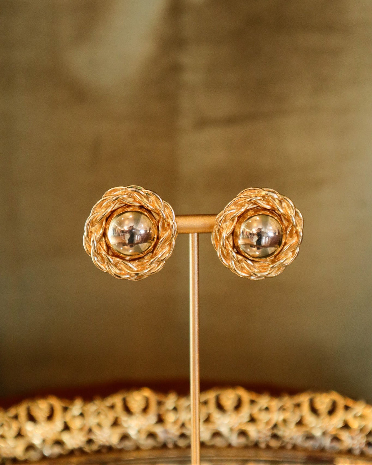 Gold Braided Round Clip-on Earrings | Vintage
