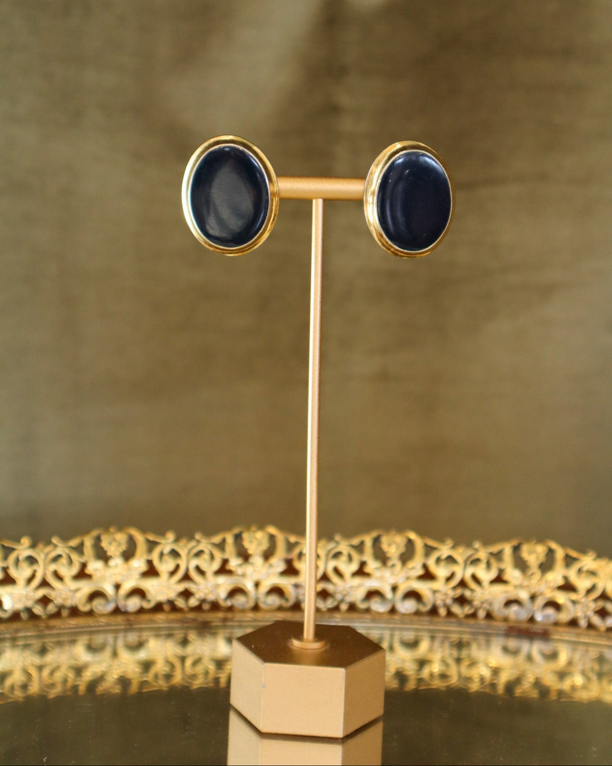 Navy and Gold Cabochon Earrings | Vintage