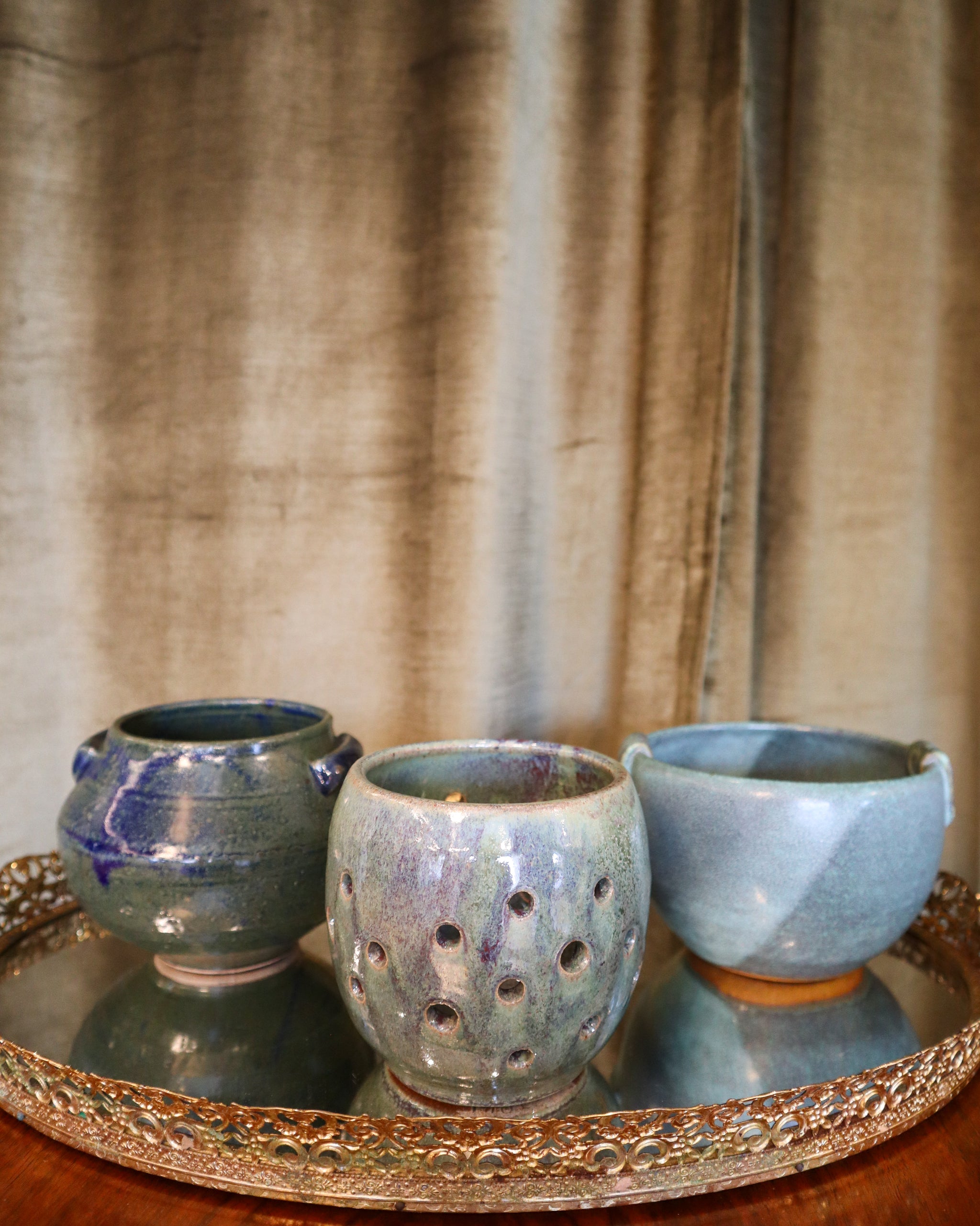 vintage ceramic plant pots Rustic Blue Ceramic Pot with Handles | Vintage
