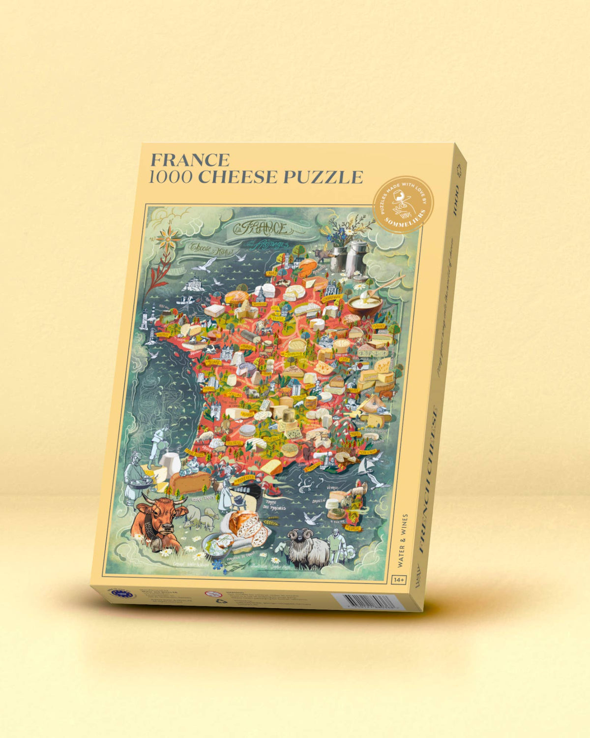 Jigsaw puzzle box with colorful design on a beige background