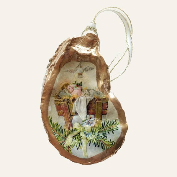 Oyster Shell Christmas Ornament  |  Baby Jesus &amp; Holy Spirit Dove  | Algiers Point Oyster Co.