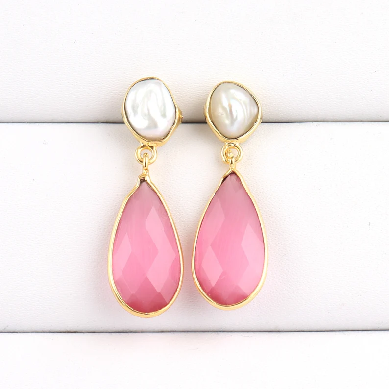 Gold Drop Dangle Earrings | Pink Cat&#39;s Eye | Sibylla Delphica