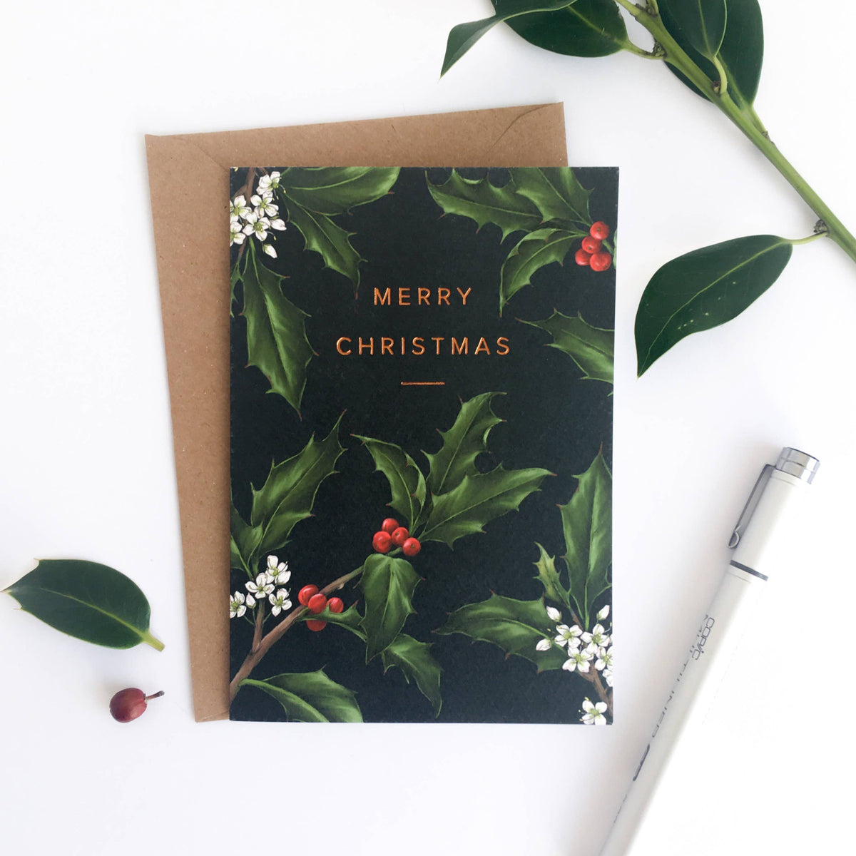 Christmas Card | Holly Border/Black | Catherine Lewis Design