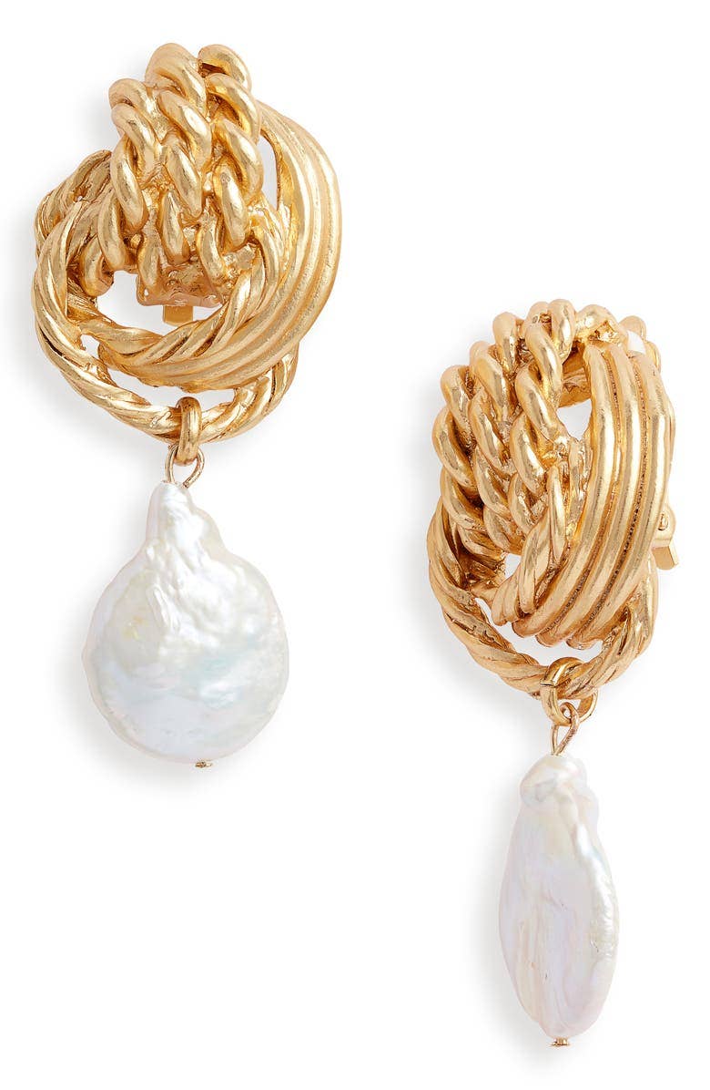 Clip-On Earrings | Twisted Rope Knot with Flat Pearl Drop - Gold | Karine Sultan