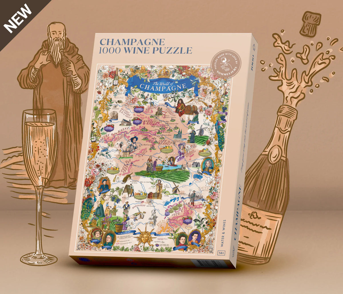 Puzzle of Champagne, a wine region in France. Champagne bottle and a glass of champagne in background