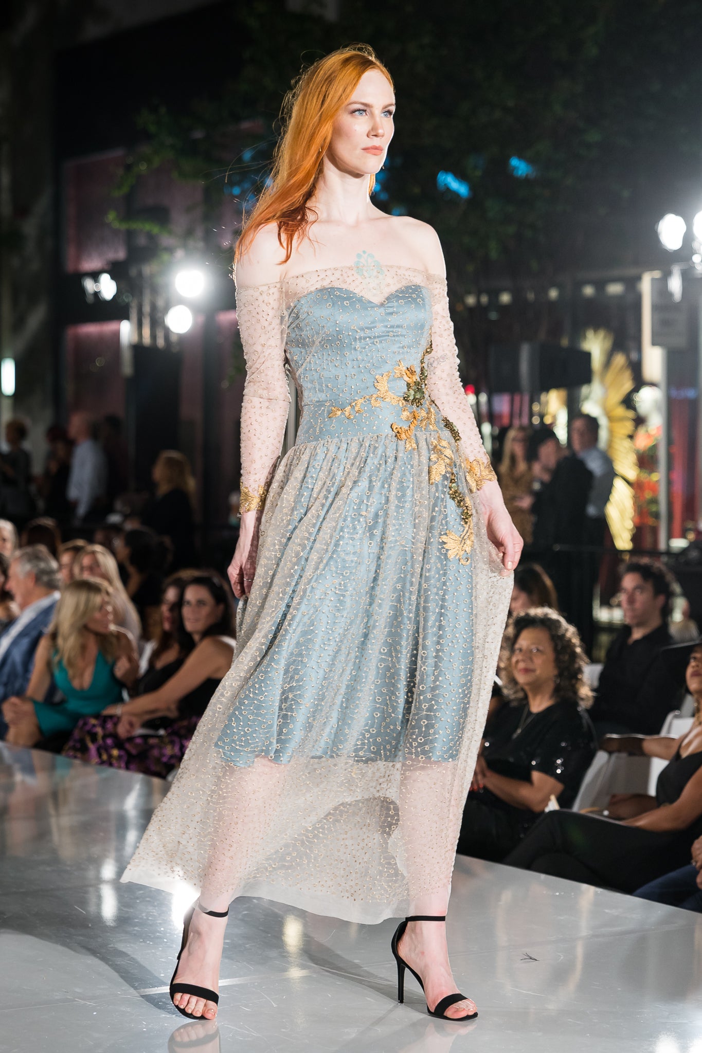embroidery runway dress Illusion-V Dress with Corseted Bodice and Floral Embroidery Light Pink / FR 48