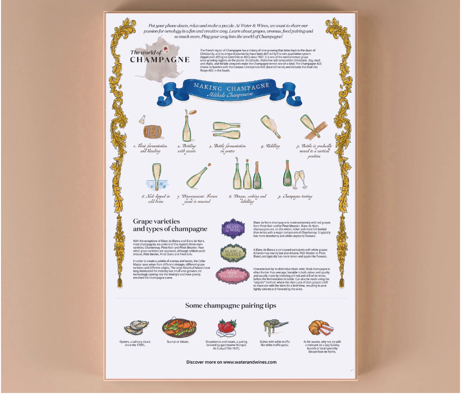 Back of the puzzle box. Shows how to make champagne, grape varities and types of champagne, and champagne pairing tips