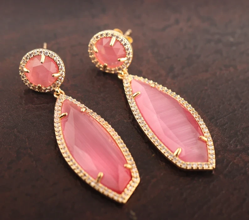 Gold Drop Earrings | Rare Pink Cat&#39;S Eye | Sibyll Delphica