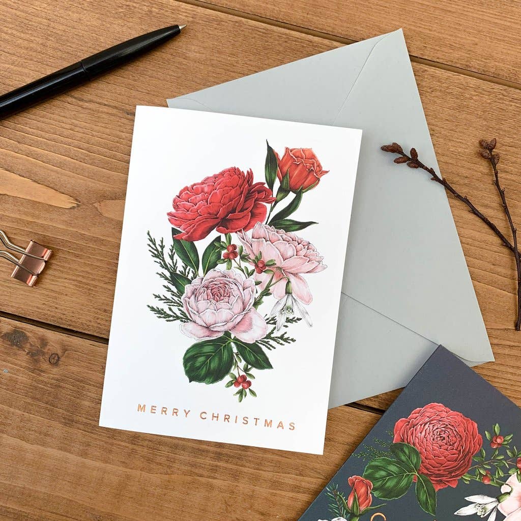 Christmas Card | Berry Roses/White Bunch/Merry Christmas | Catherine Lewis Design